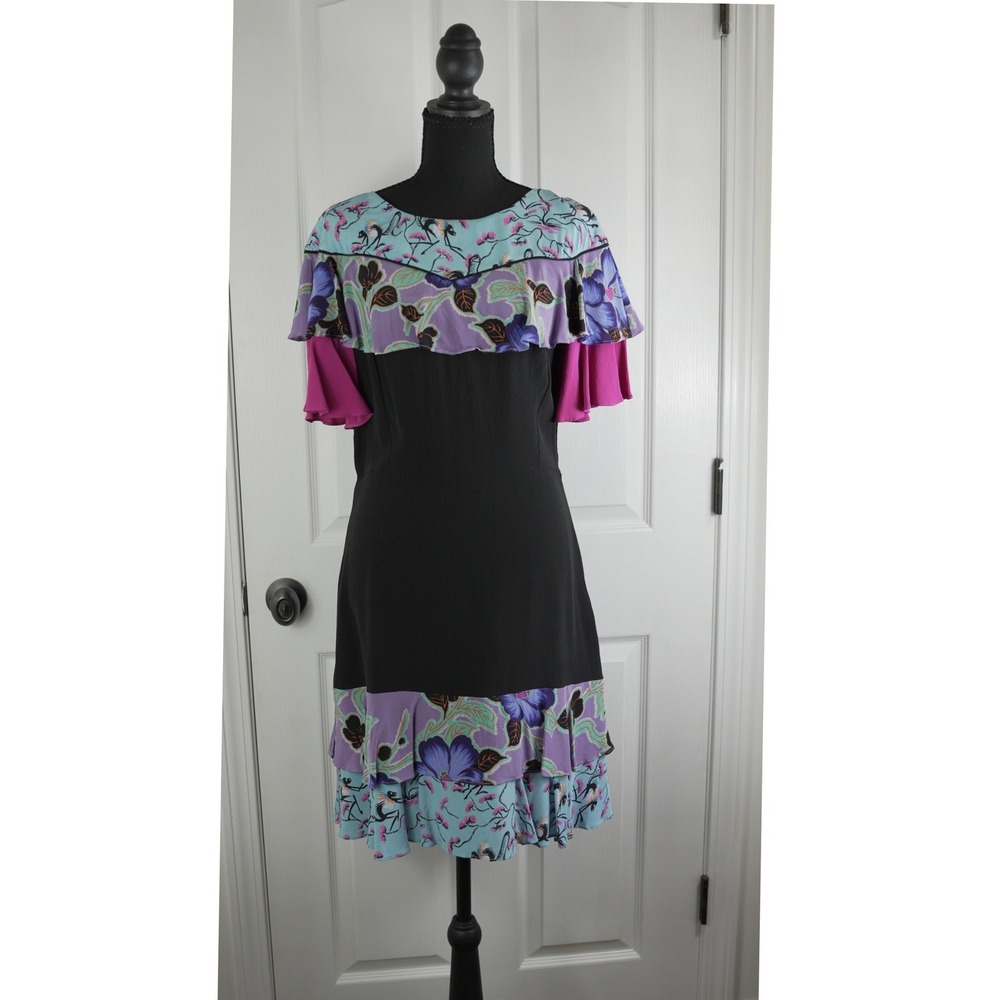 Etro Milano Silk Floral Bird Print Ruffle Tiered Dress Black Purple IT 44 VTG
